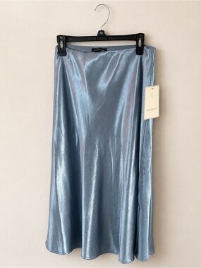 Calligraphie Blue Satin Midi Skirt Size L NWT